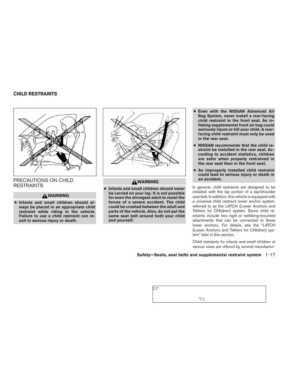 Child restraints -17, Precautions on child restraints -17 | NISSAN 2006 Altima User Manual | Page 33 / 304