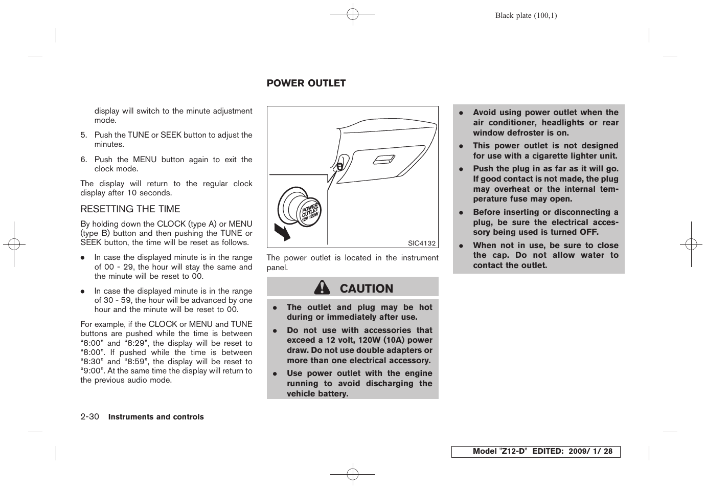 Resetting the time -30, Power outlet -30, Caution | NISSAN Z12-D User Manual | Page 102 / 321