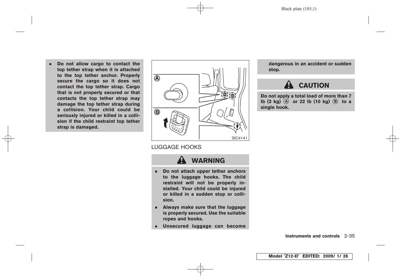 Luggage hooks -35, Warning, Caution | NISSAN Z12-D User Manual | Page 107 / 321