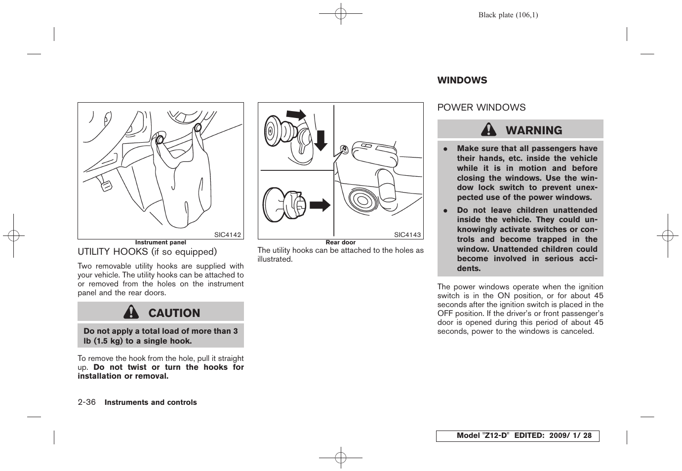 Utility hooks (if so equipped) -36, Windows -36, Power windows -36 | Caution, Warning | NISSAN Z12-D User Manual | Page 108 / 321