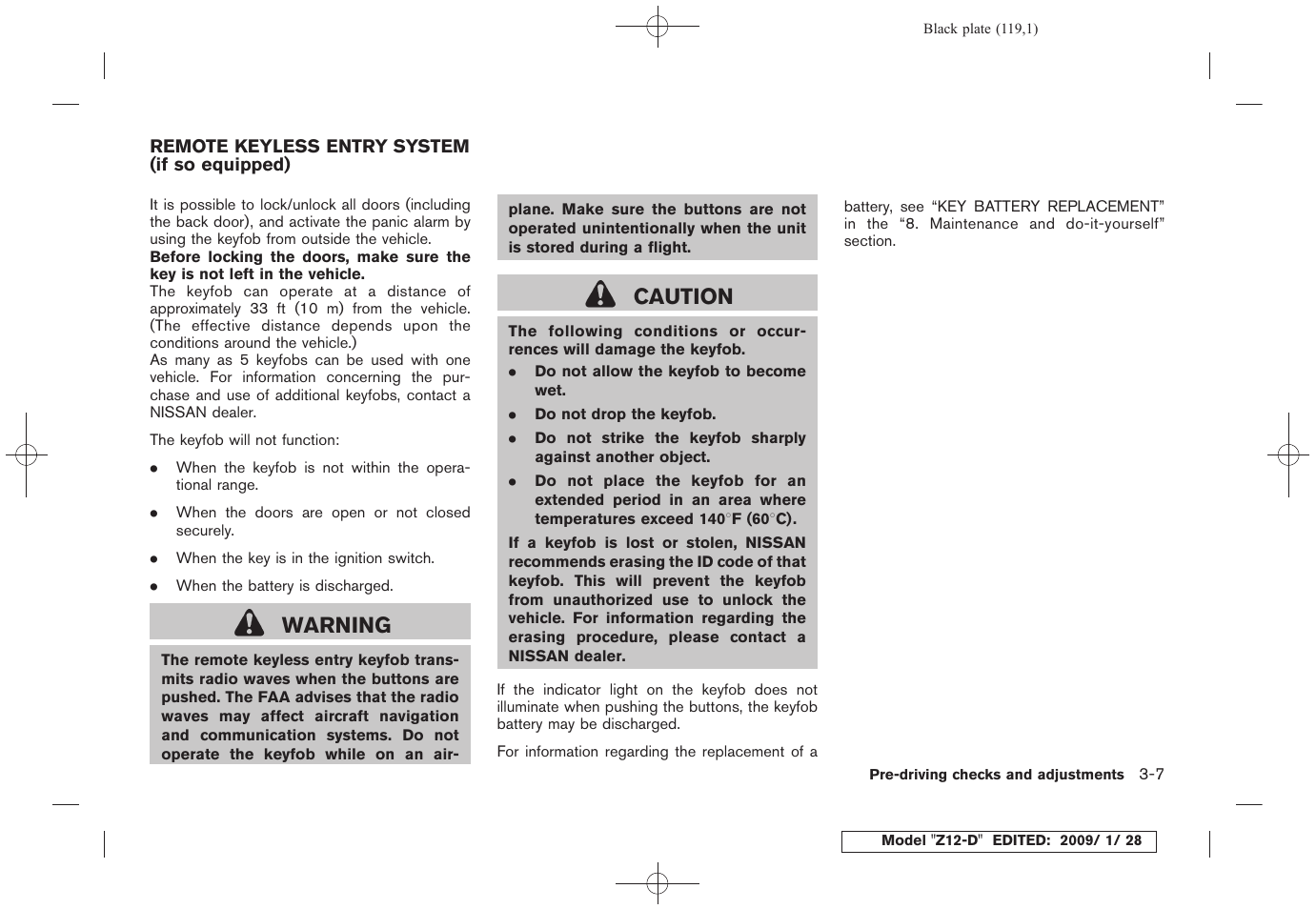 Remote keyless entry system (if so equipped) -7, Warning, Caution | NISSAN Z12-D User Manual | Page 121 / 321