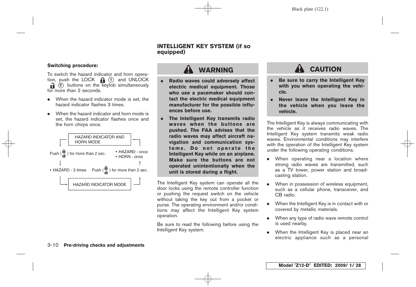 Intelligent key system (if so equipped) -10, Warning, Caution | NISSAN Z12-D User Manual | Page 124 / 321