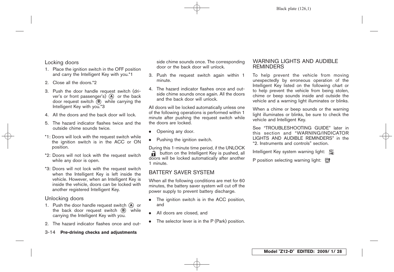 Battery saver system -14, Warning lights and audible reminders -14 | NISSAN Z12-D User Manual | Page 128 / 321
