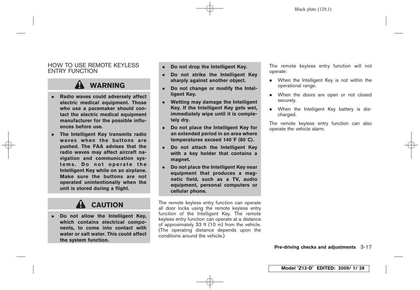 How to use remote keyless entry function -17, Warning, Caution | NISSAN Z12-D User Manual | Page 131 / 321