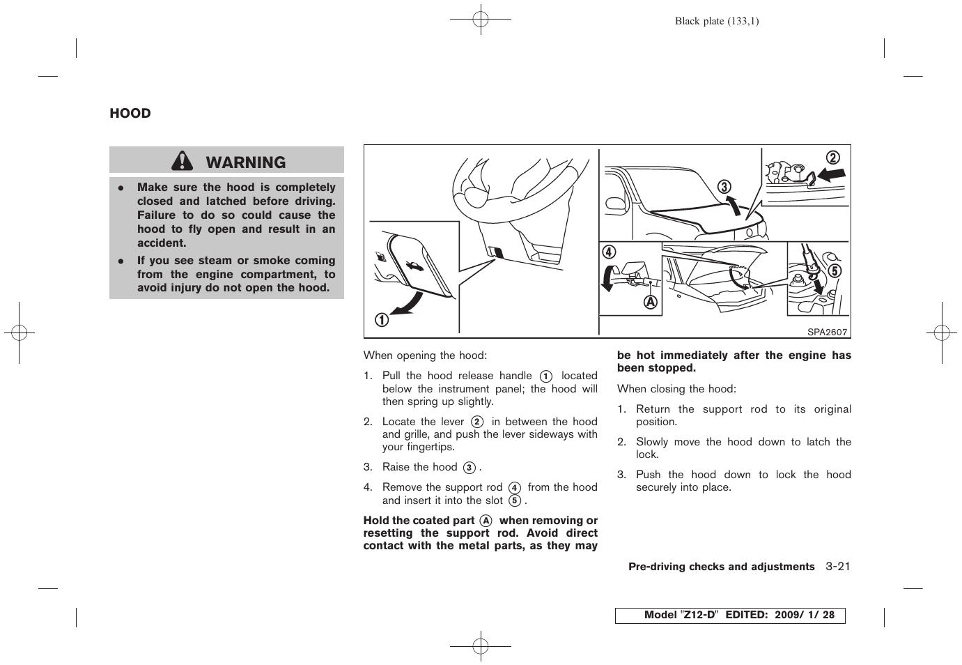 Hood -21, Warning | NISSAN Z12-D User Manual | Page 135 / 321