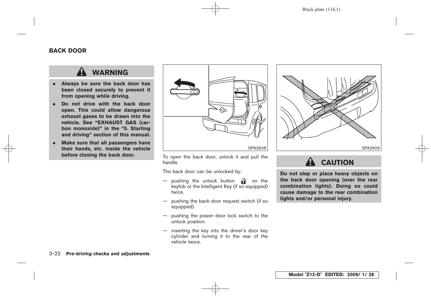 Back door -22, Warning, Caution | NISSAN Z12-D User Manual | Page 136 / 321