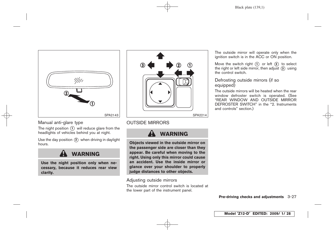Outside mirrors -27, Warning | NISSAN Z12-D User Manual | Page 141 / 321