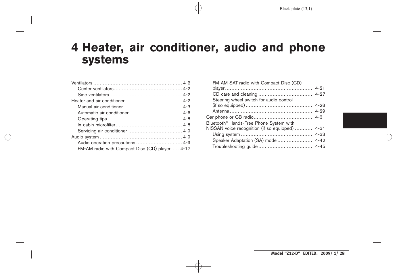 Heater, air conditioner, audio and phone systems, 4 heater, air conditioner, audio and phone systems | NISSAN Z12-D User Manual | Page 145 / 321