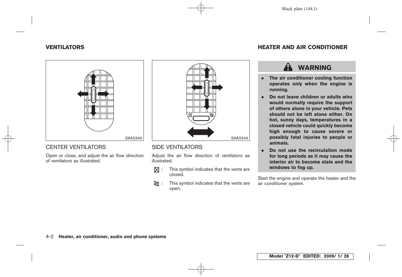Ventilators -2, Center ventilators -2 side ventilators -2, Heater and air conditioner -2 | Warning | NISSAN Z12-D User Manual | Page 146 / 321