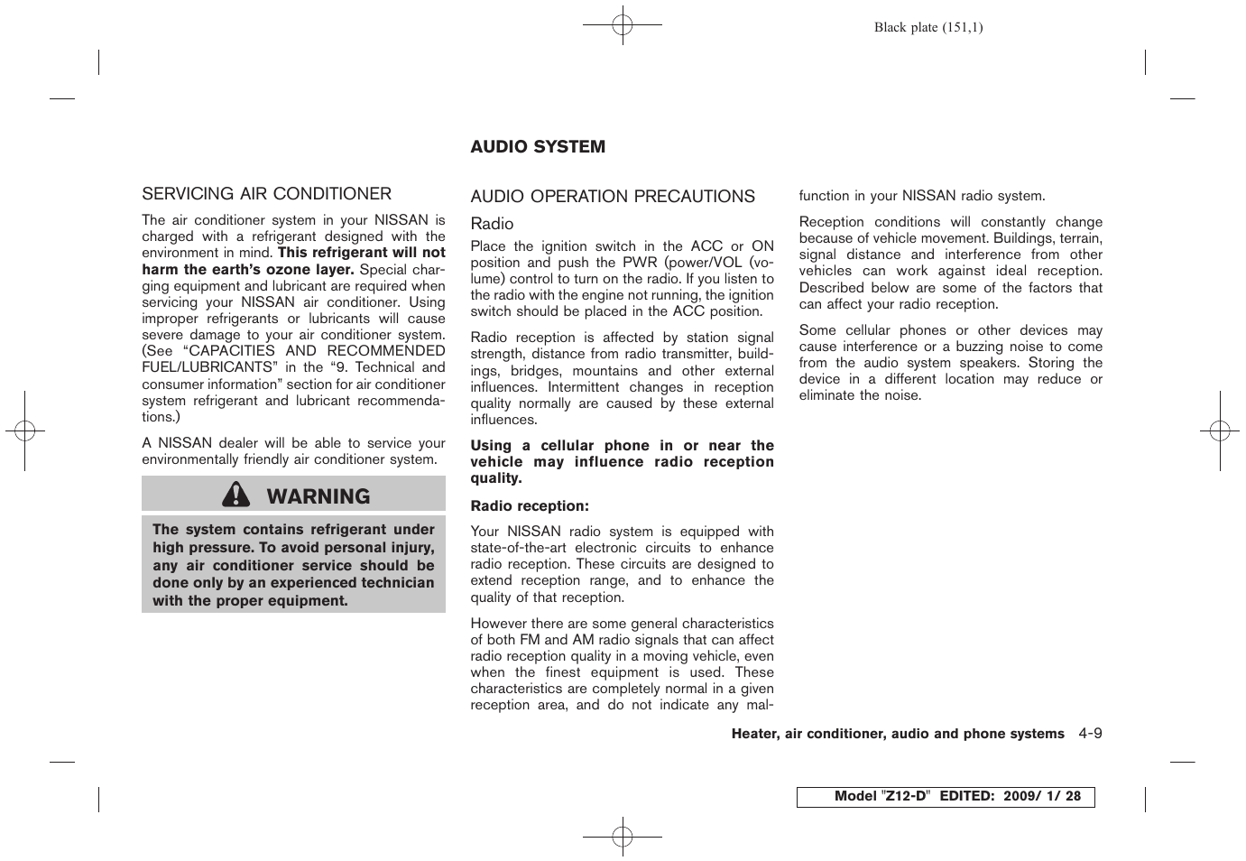 Servicing air conditioner -9, Audio system -9, Audio operation precautions -9 | Warning | NISSAN Z12-D User Manual | Page 153 / 321