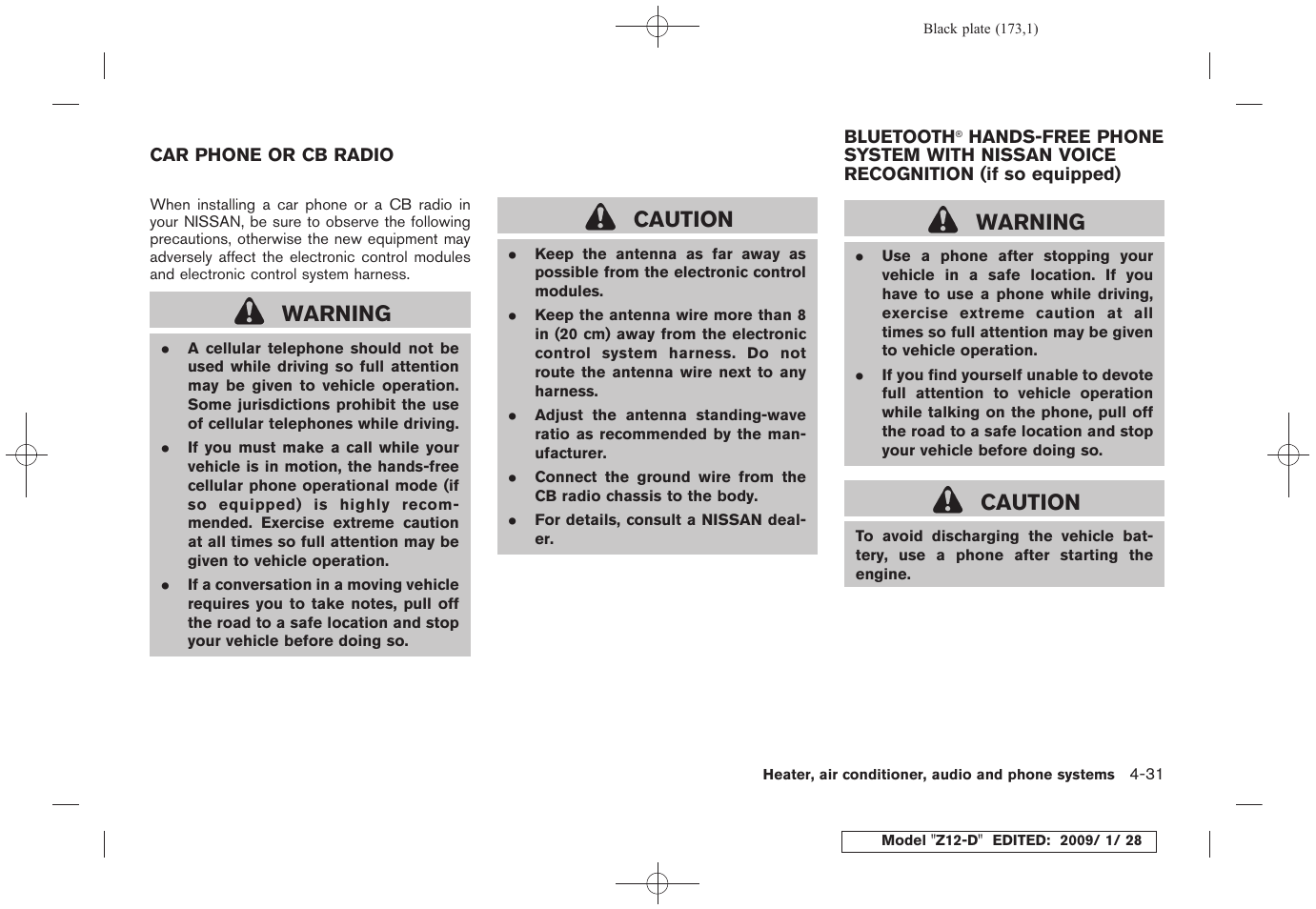 Car phone or cb radio -31 bluetooth, Hands-free phone system with, Nissan voice recognition (if so equipped) -31 | Warning, Caution | NISSAN Z12-D User Manual | Page 175 / 321