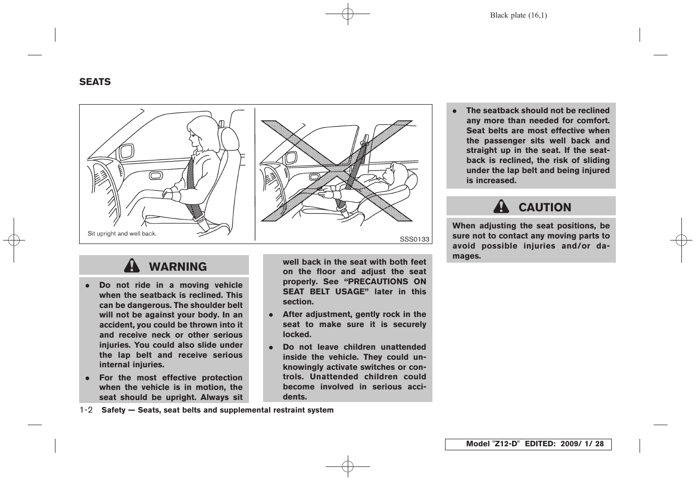 Seats -2, Warning, Caution | NISSAN Z12-D User Manual | Page 18 / 321