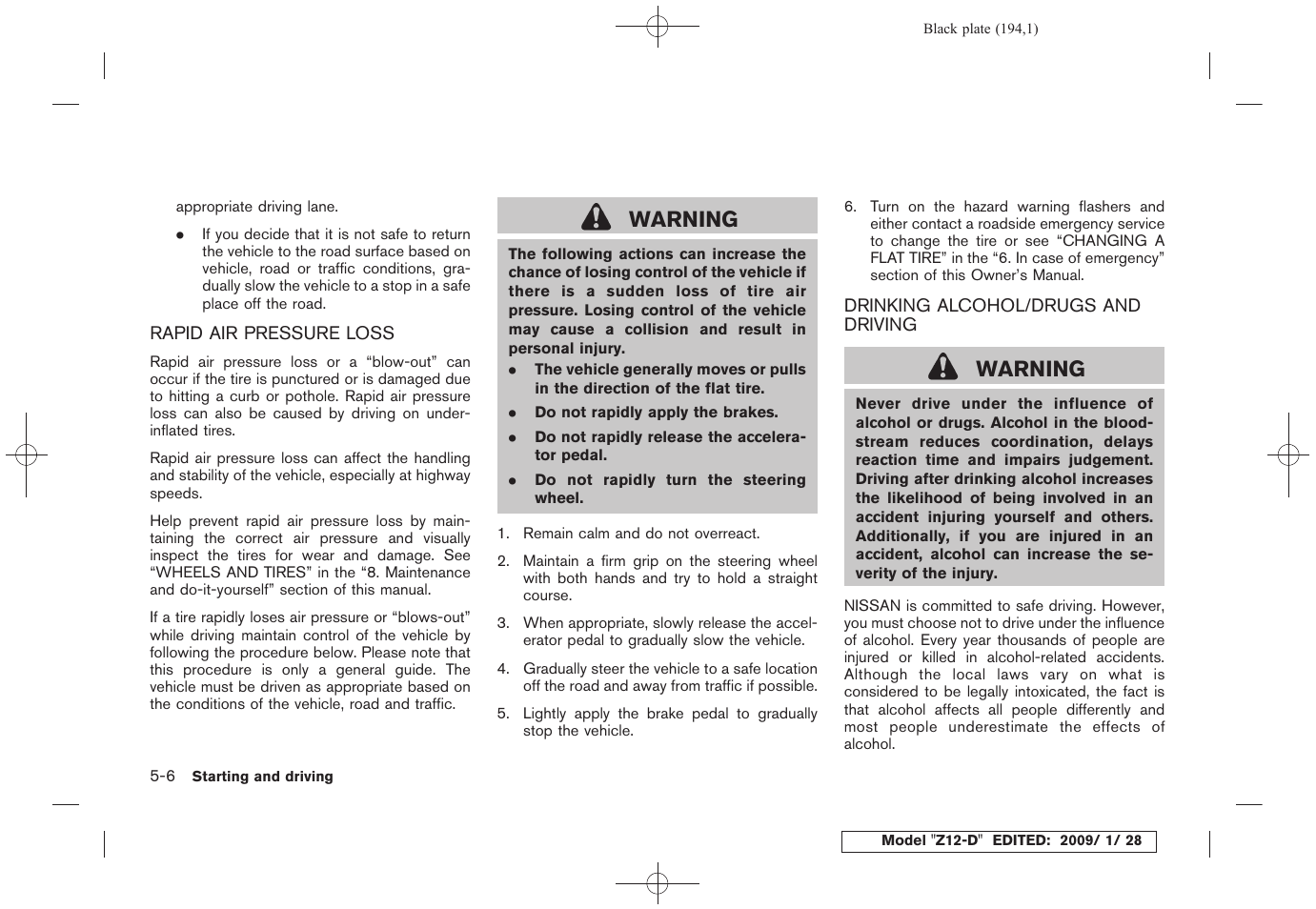 Warning | NISSAN Z12-D User Manual | Page 196 / 321