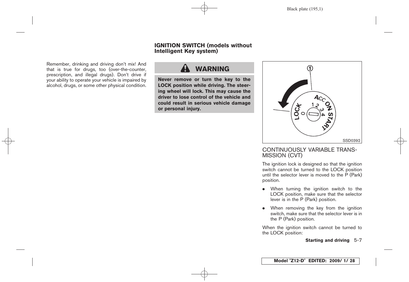 Continuously variable transmission (cvt) -7, Warning | NISSAN Z12-D User Manual | Page 197 / 321