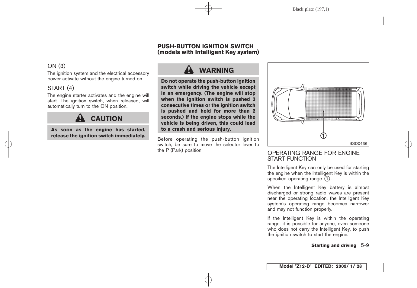 Operating range for engine start function -9, Caution, Warning | NISSAN Z12-D User Manual | Page 199 / 321