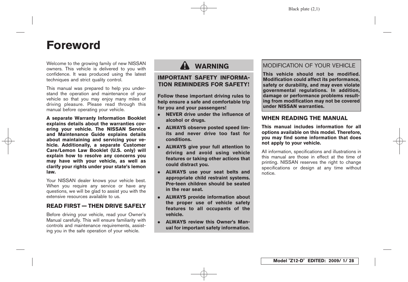 Foreword, Warning | NISSAN Z12-D User Manual | Page 2 / 321