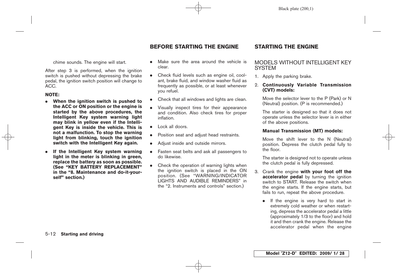 Models without intelligent key system -12 | NISSAN Z12-D User Manual | Page 202 / 321
