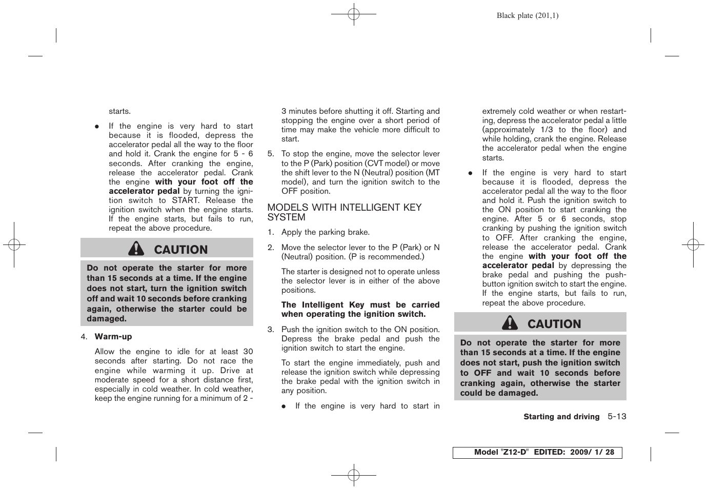 Models with intelligent key system -13, Caution | NISSAN Z12-D User Manual | Page 203 / 321
