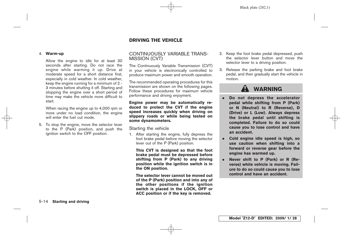 Driving the vehicle -14, Continuously variable transmission (cvt) -14, Warning | NISSAN Z12-D User Manual | Page 204 / 321