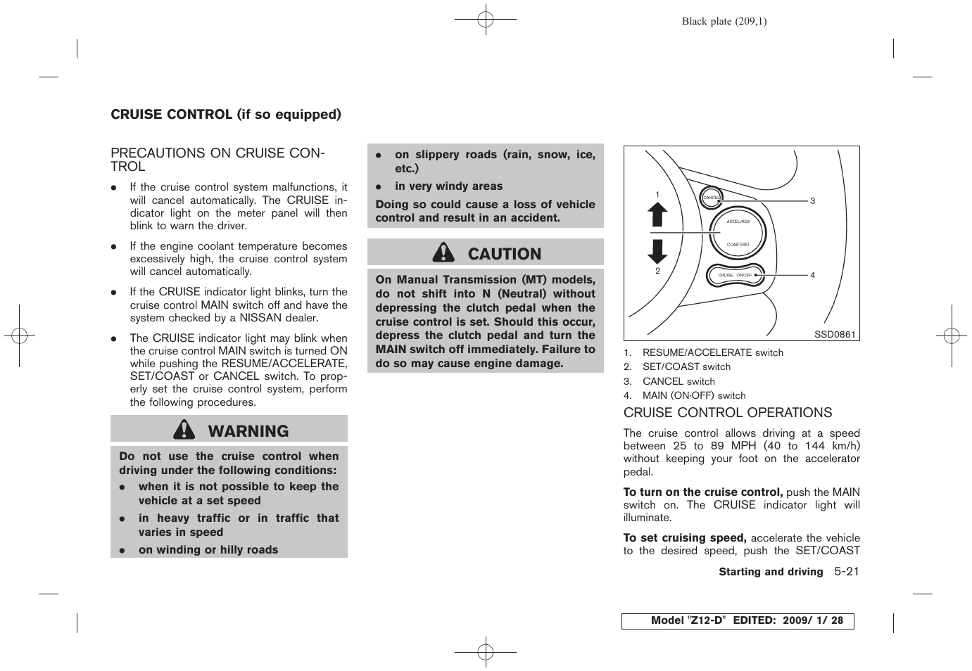 Cruise control (if so equipped) -21, Warning, Caution | NISSAN Z12-D User Manual | Page 211 / 321
