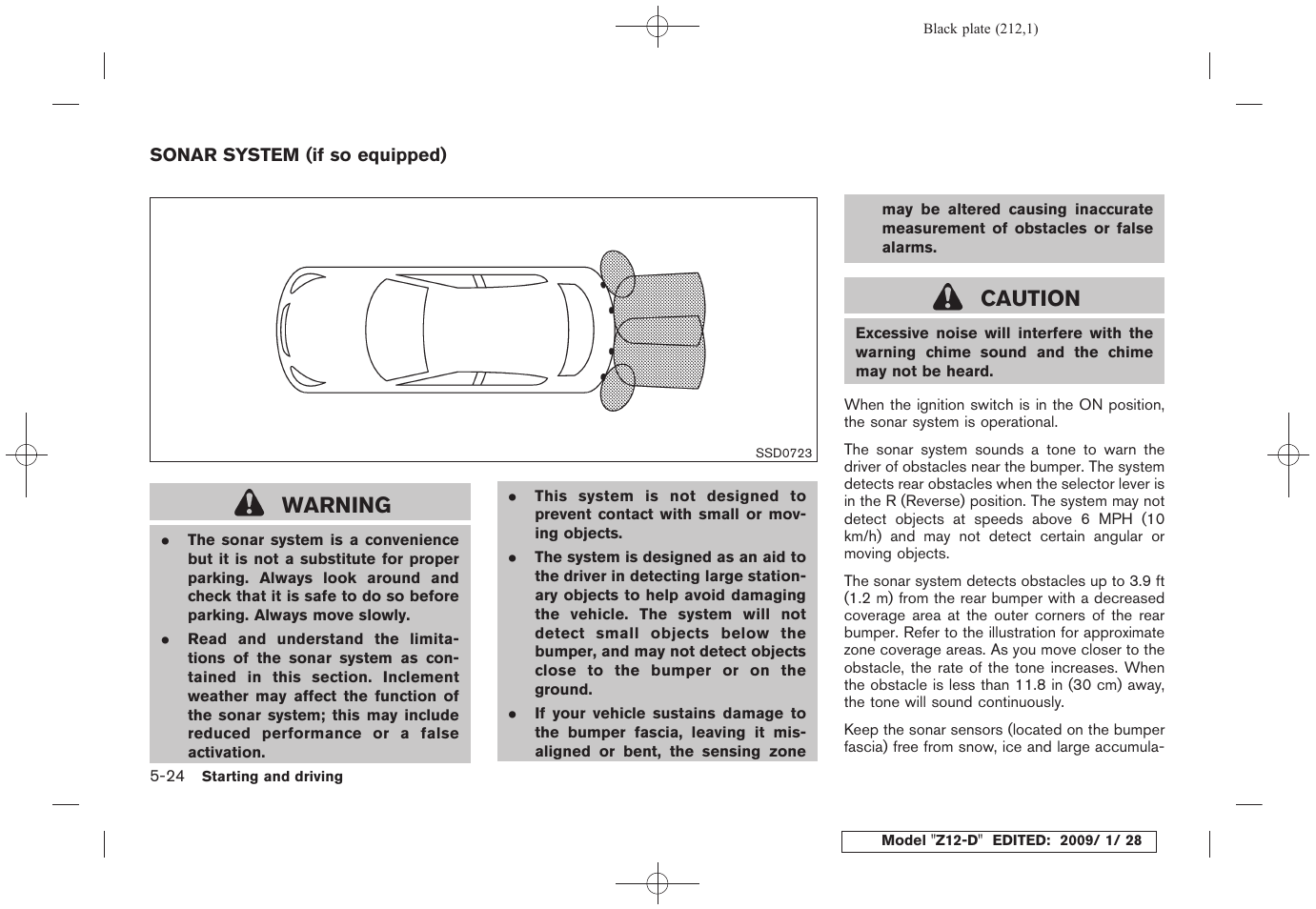 Sonar system (if so equipped) -24, Warning, Caution | NISSAN Z12-D User Manual | Page 214 / 321