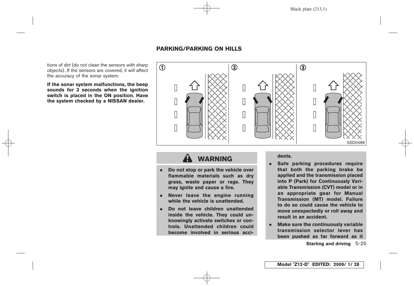 Parking/parking on hills -25, Warning | NISSAN Z12-D User Manual | Page 215 / 321