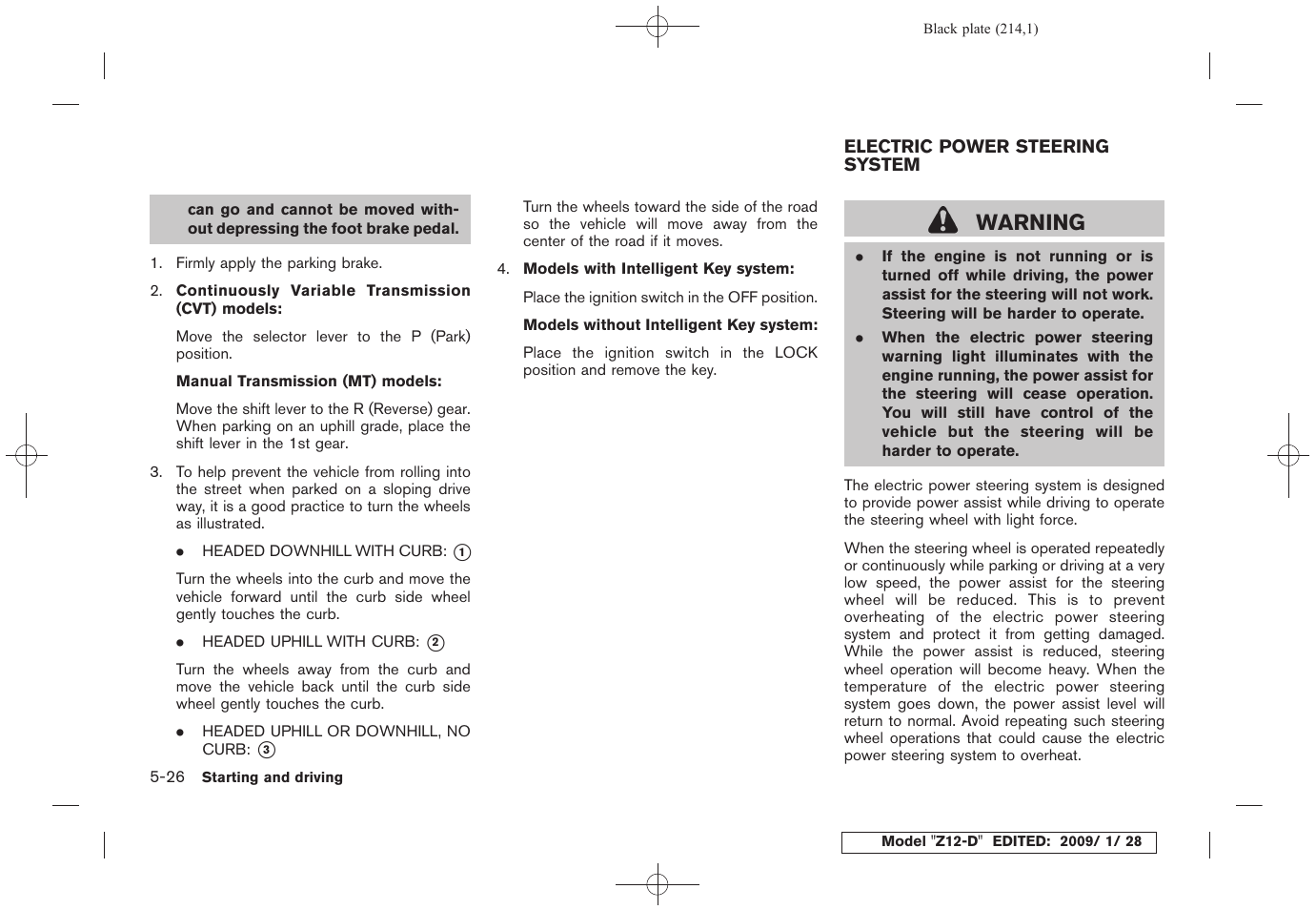 Electric power steering system -26, Warning | NISSAN Z12-D User Manual | Page 216 / 321