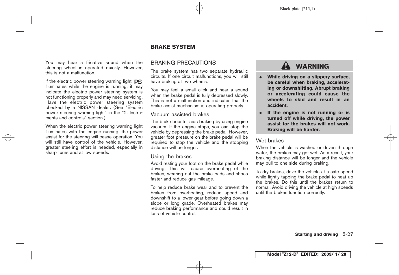 Brake system -27, Braking precautions -27, Warning | NISSAN Z12-D User Manual | Page 217 / 321