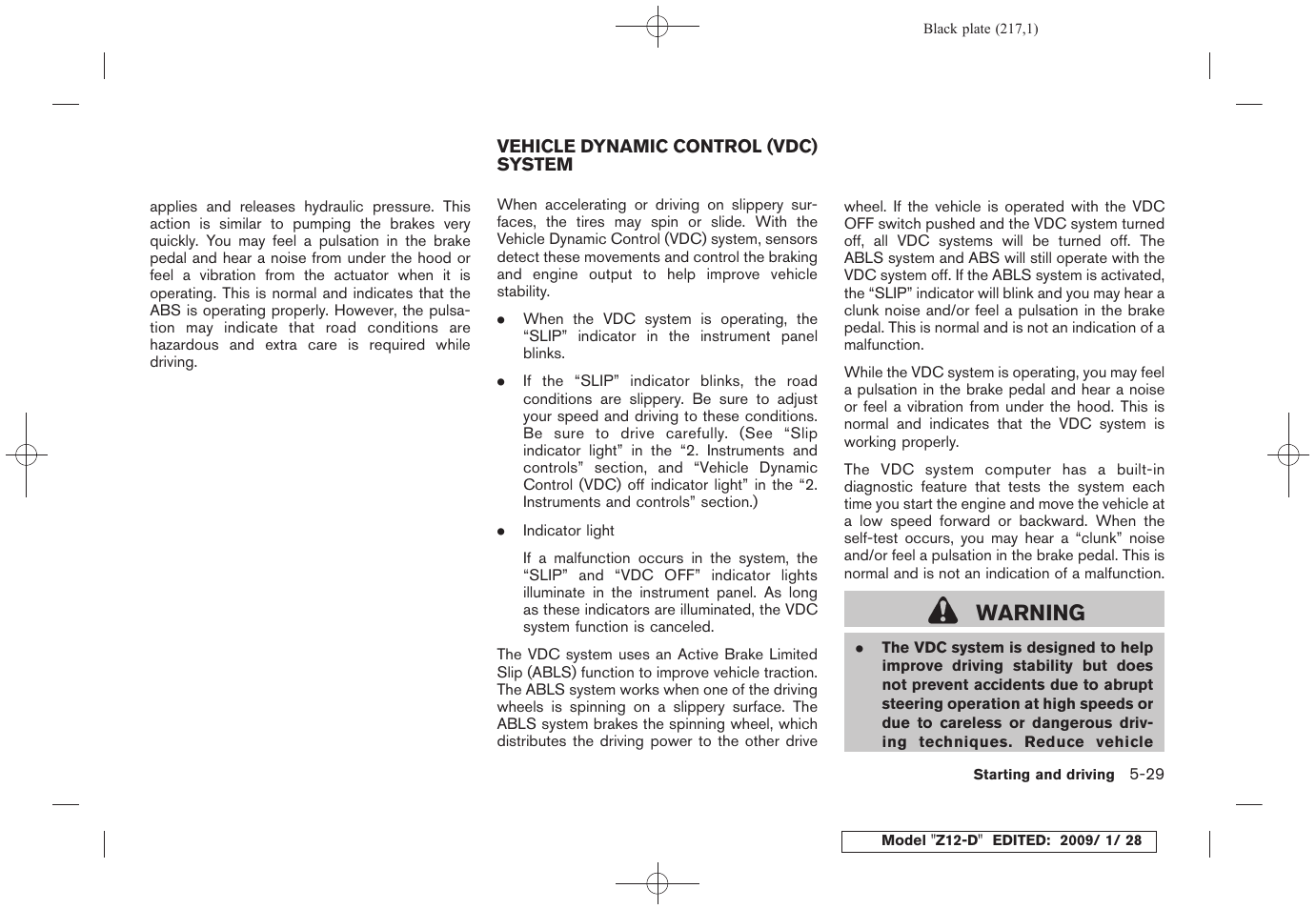 Vehicle dynamic control (vdc) system -29, Warning | NISSAN Z12-D User Manual | Page 219 / 321