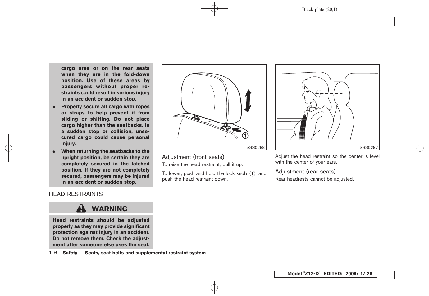 Head restraints -6, Warning | NISSAN Z12-D User Manual | Page 22 / 321
