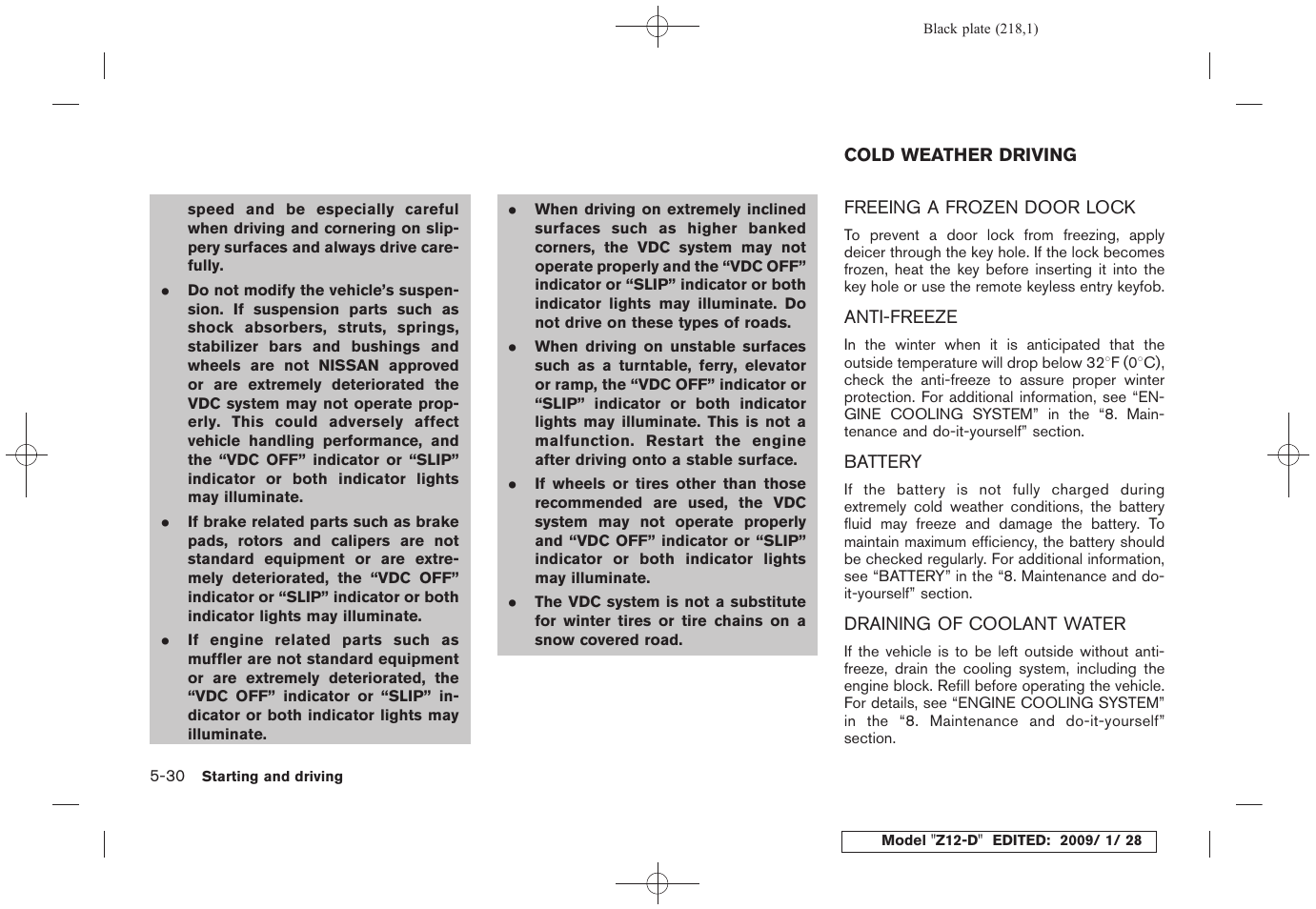 Cold weather driving -30 | NISSAN Z12-D User Manual | Page 220 / 321