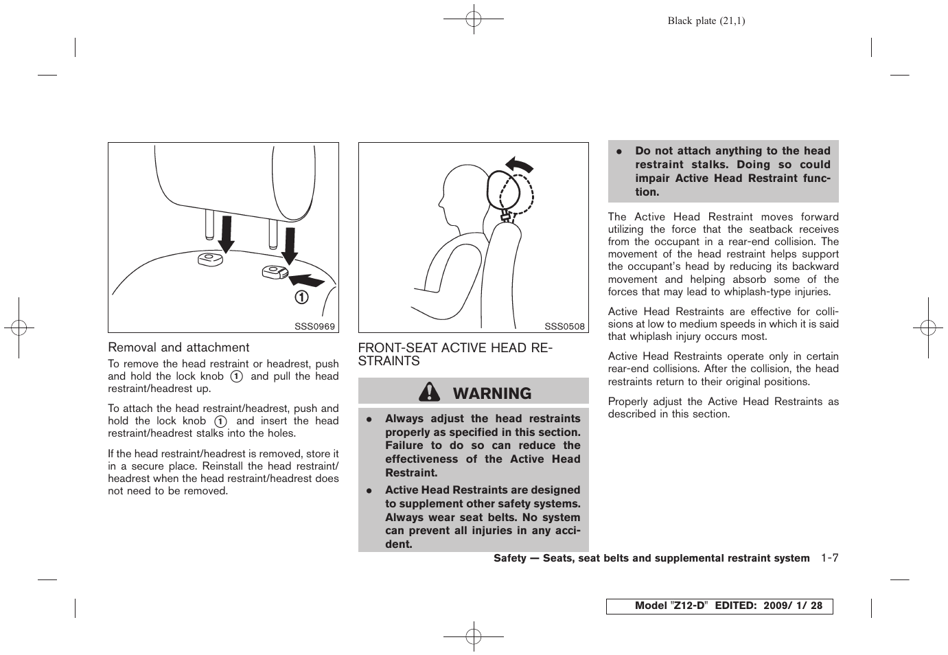 Front-seat active head restraints -7, Warning | NISSAN Z12-D User Manual | Page 23 / 321