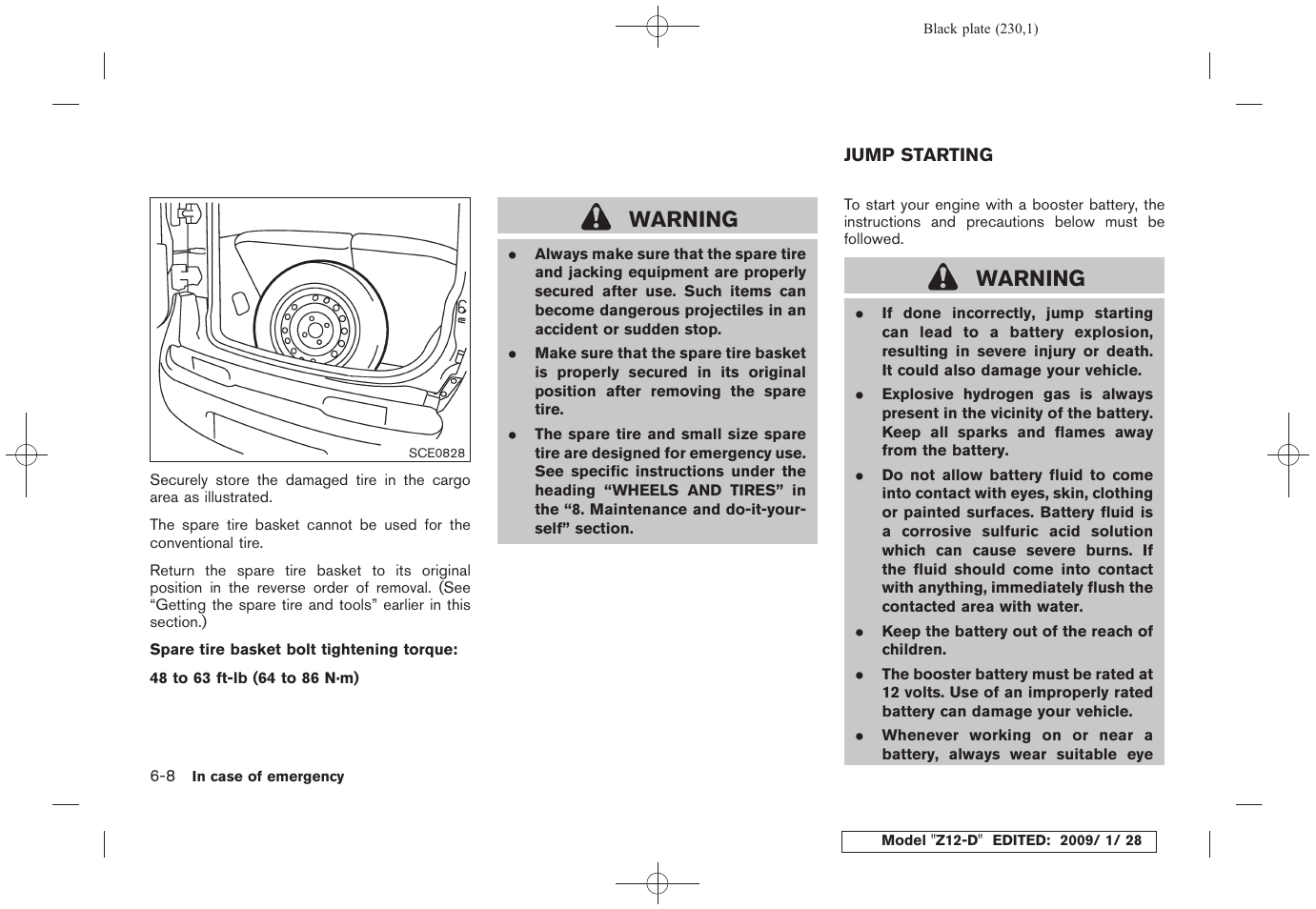Jump starting -8, Warning | NISSAN Z12-D User Manual | Page 232 / 321