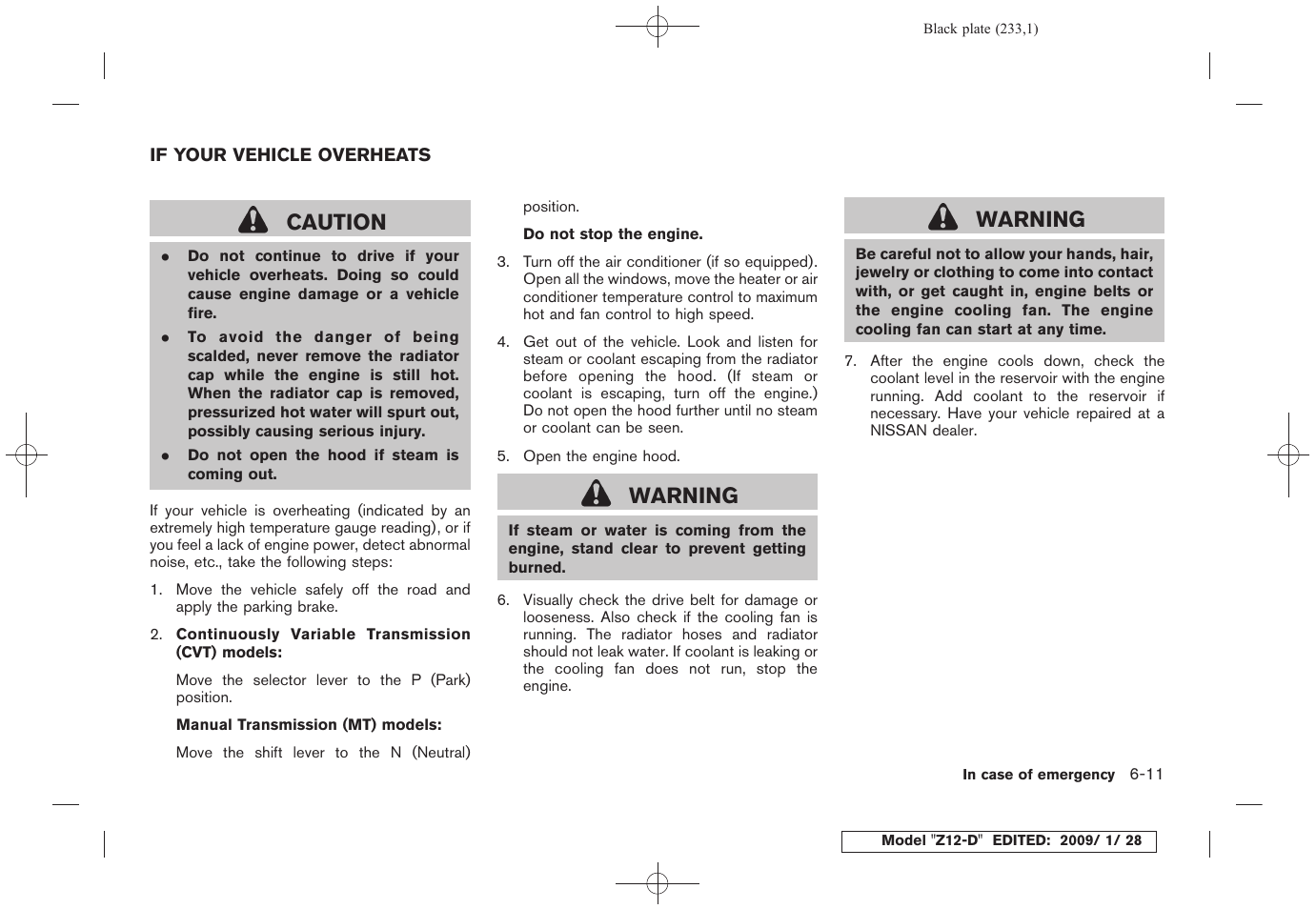 If your vehicle overheats -11, Caution, Warning | NISSAN Z12-D User Manual | Page 235 / 321