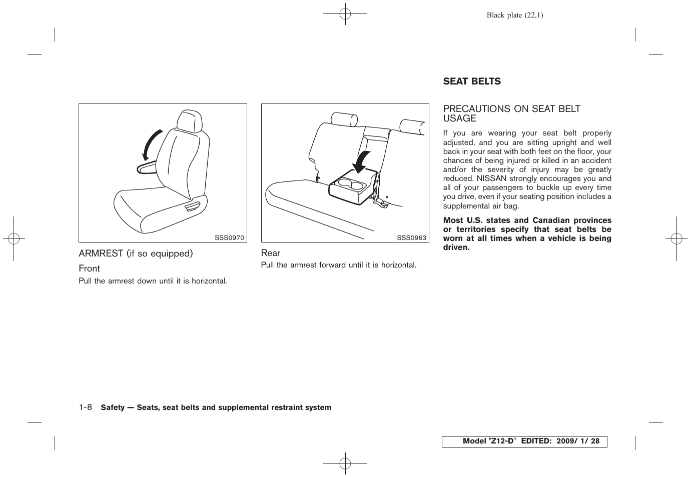 Armrest (if so equipped) -8, Seat belts -8, Precautions on seat belt usage -8 | NISSAN Z12-D User Manual | Page 24 / 321