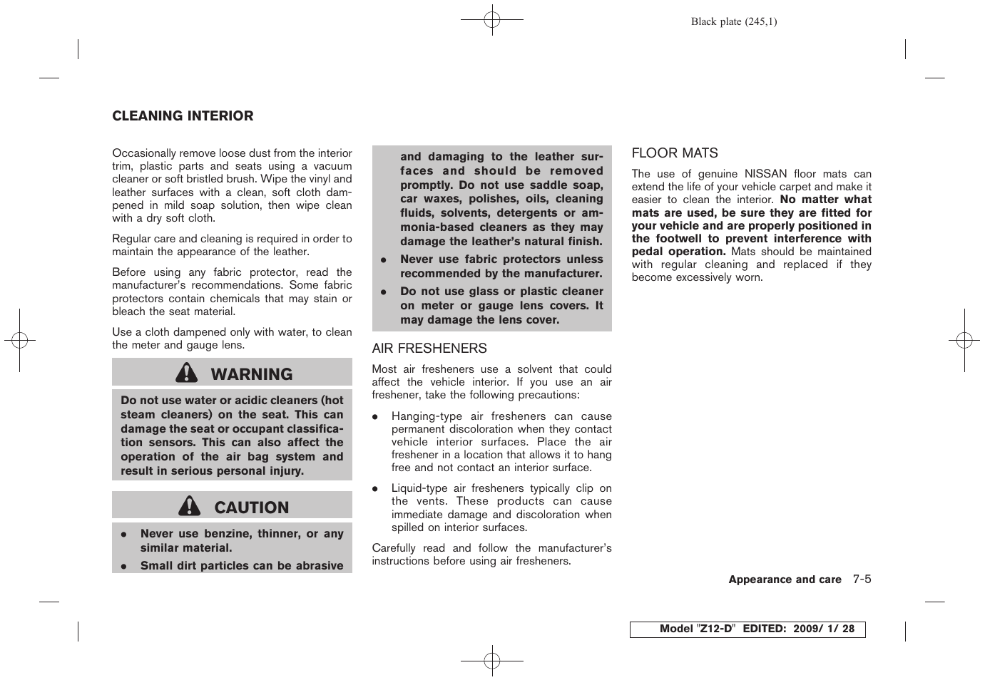 Cleaning interior -5, Air fresheners -5 floor mats -5, Warning | Caution | NISSAN Z12-D User Manual | Page 247 / 321