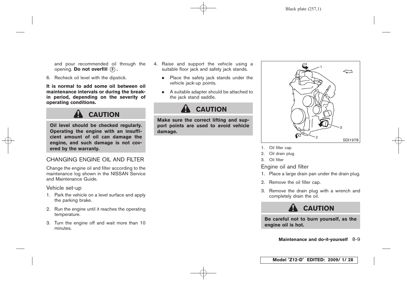 Changing engine oil and filter -9, Caution | NISSAN Z12-D User Manual | Page 259 / 321
