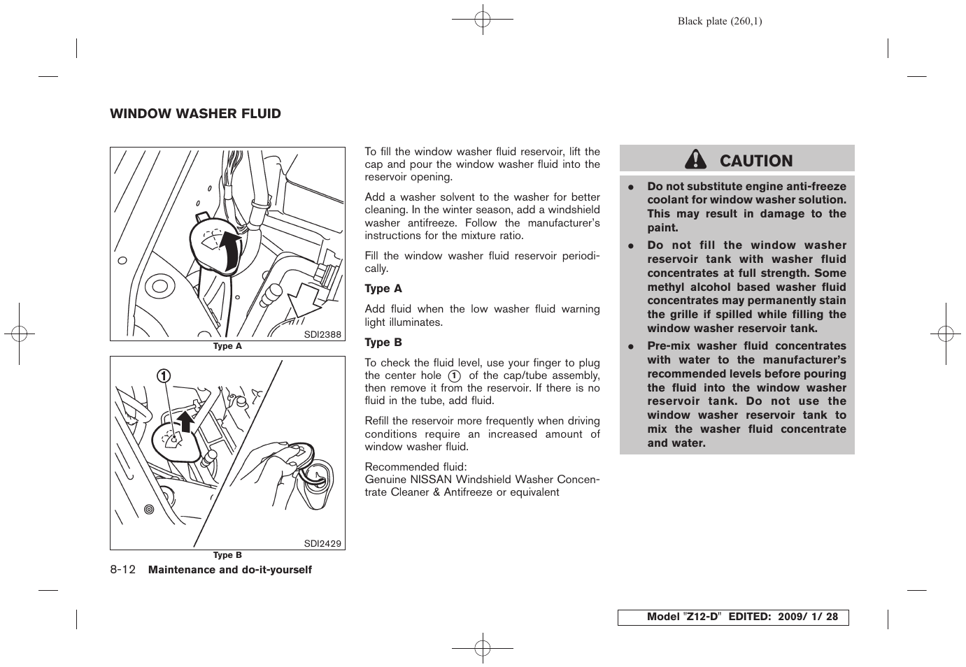 Window washer fluid -12, Caution | NISSAN Z12-D User Manual | Page 262 / 321