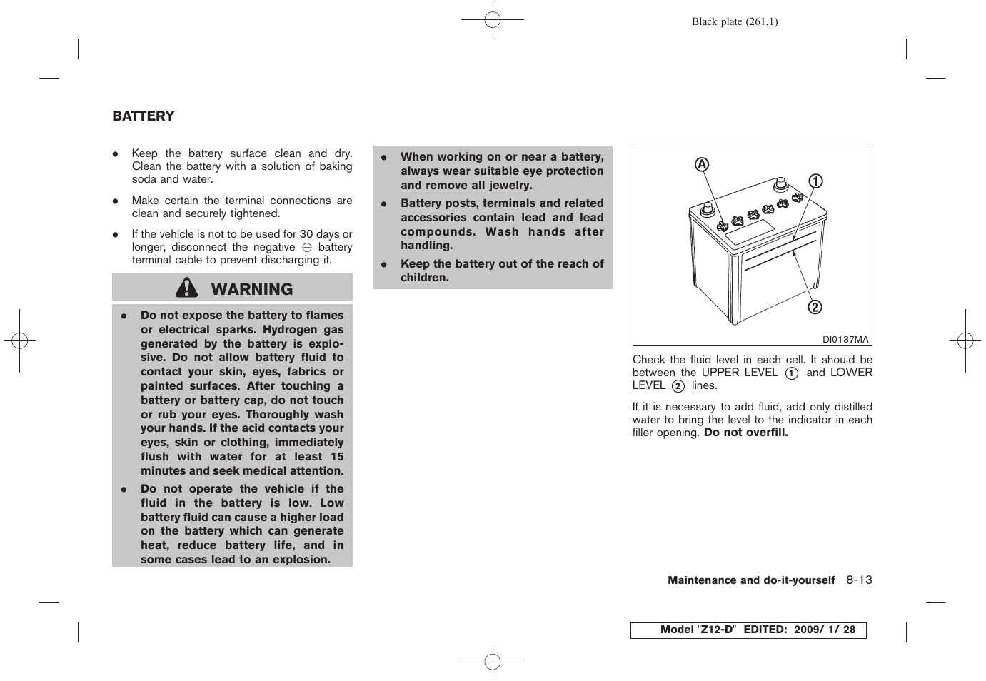 Battery -13, Warning | NISSAN Z12-D User Manual | Page 263 / 321