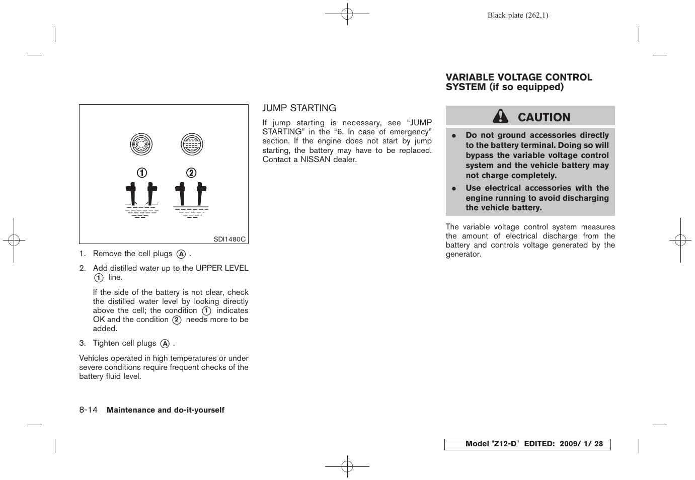 Jump starting -14, Caution | NISSAN Z12-D User Manual | Page 264 / 321