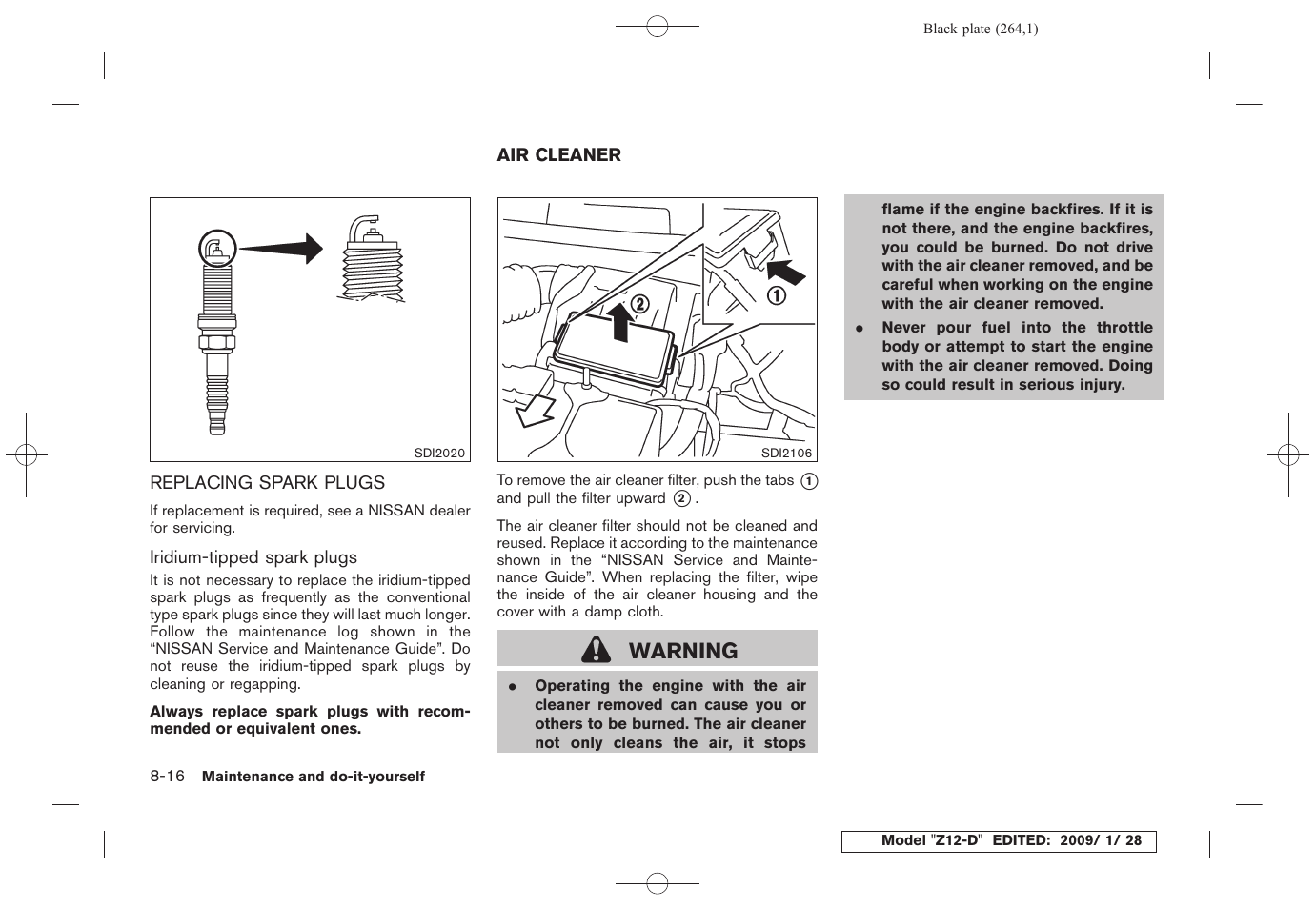 Replacing spark plugs -16, Air cleaner -16, Warning | NISSAN Z12-D User Manual | Page 266 / 321