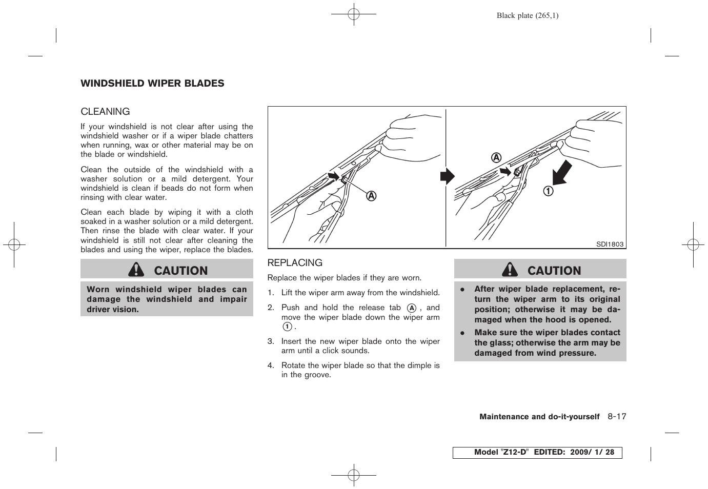 Windshield wiper blades -17, Cleaning -17 replacing -17, Caution | NISSAN Z12-D User Manual | Page 267 / 321