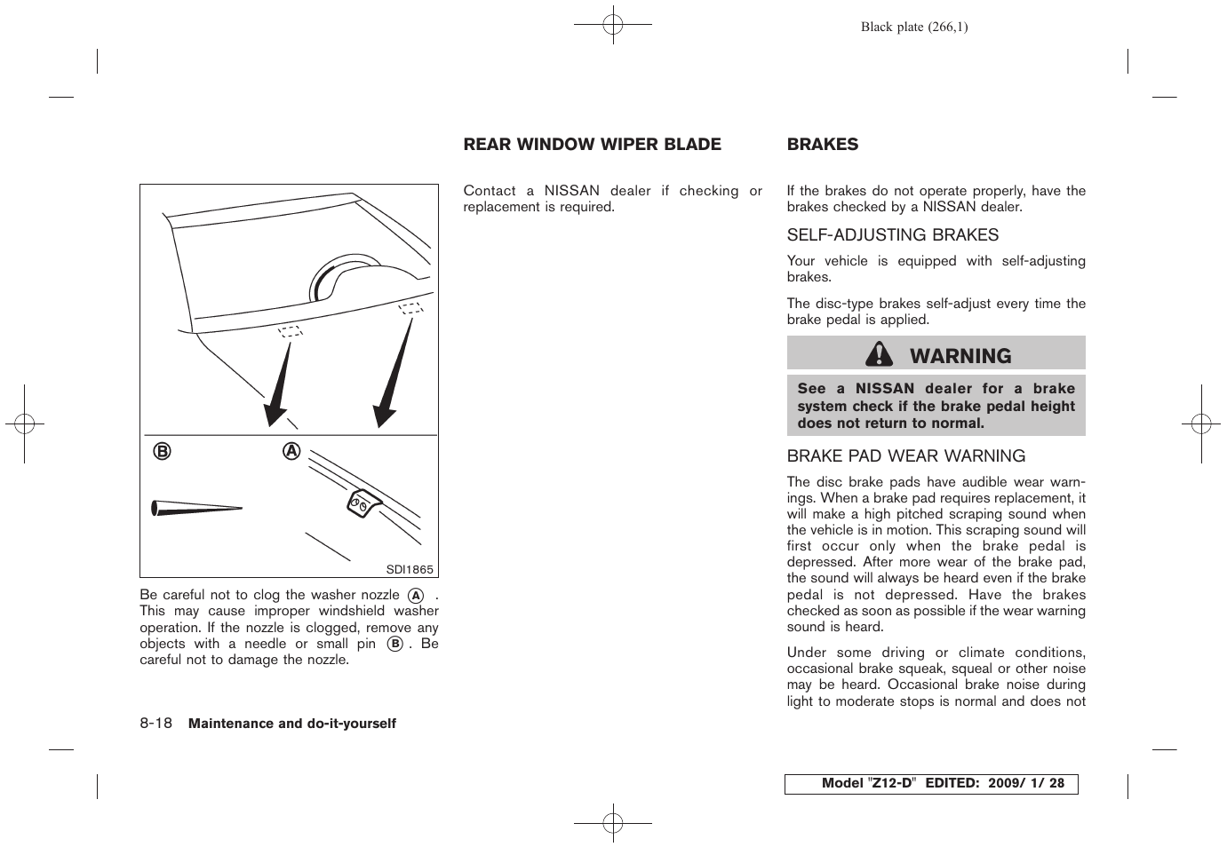 Rear window wiper blade -18 brakes -18, Warning | NISSAN Z12-D User Manual | Page 268 / 321