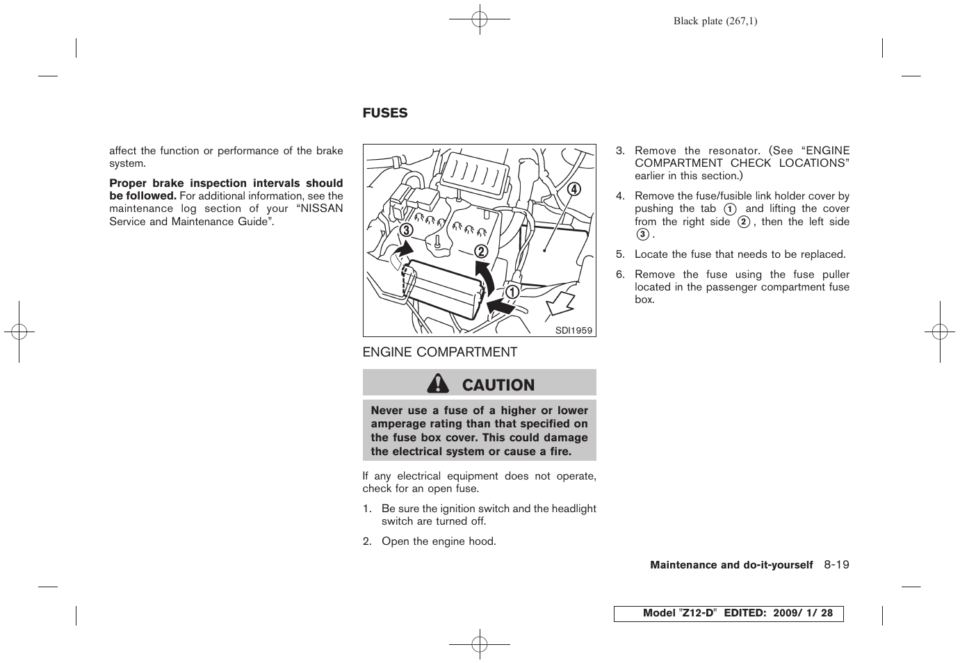 Fuses -19, Engine compartment -19, Caution | NISSAN Z12-D User Manual | Page 269 / 321