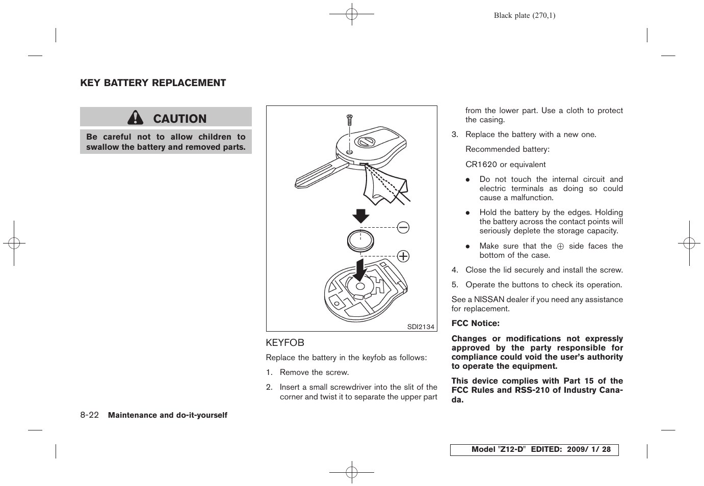 Key battery replacement -22, Keyfob -22, Caution | NISSAN Z12-D User Manual | Page 272 / 321