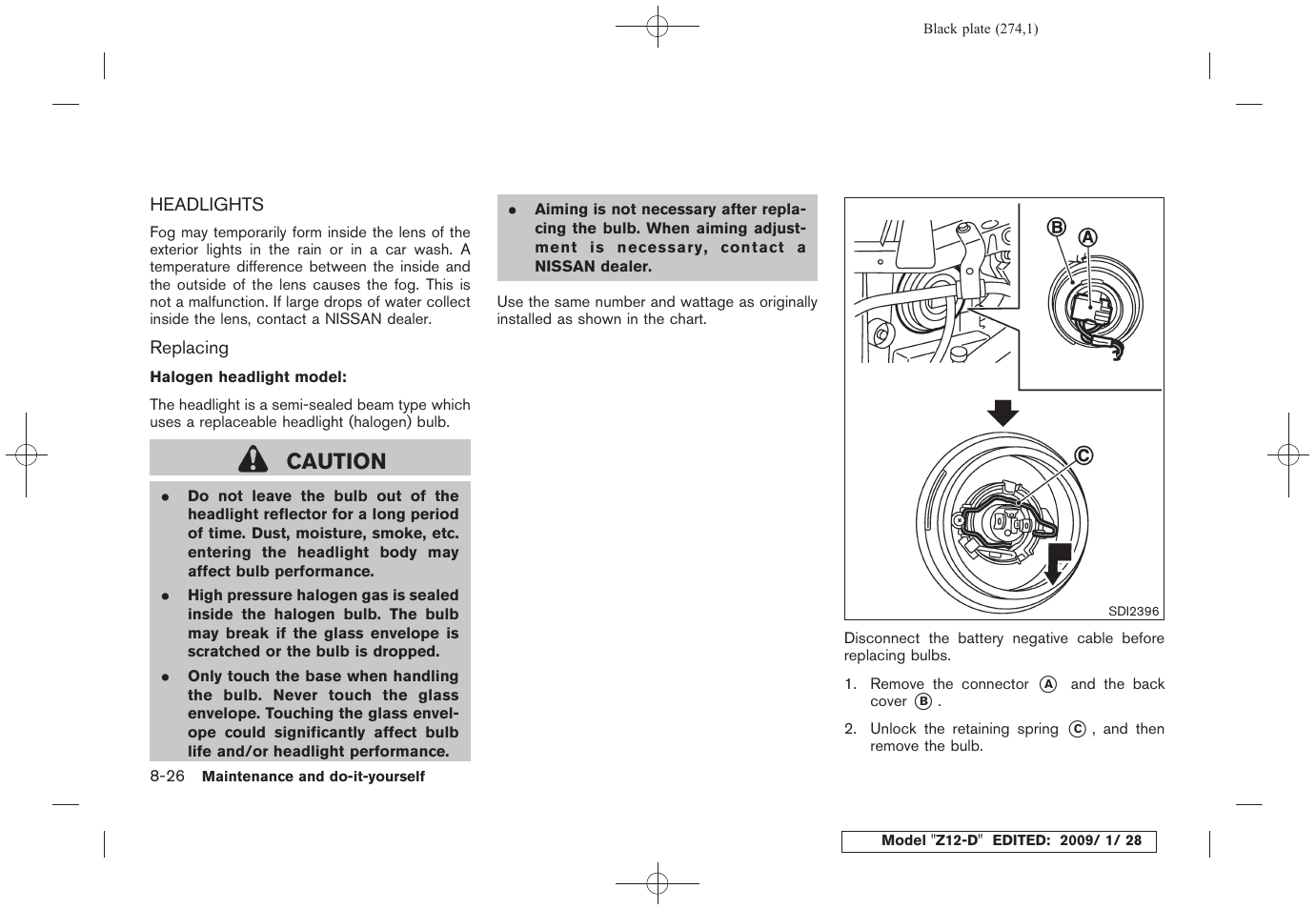 Headlights -26, Caution | NISSAN Z12-D User Manual | Page 276 / 321