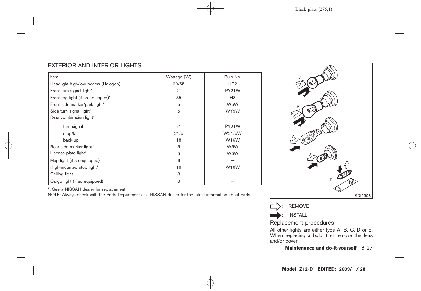 Exterior and interior lights -27 | NISSAN Z12-D User Manual | Page 277 / 321