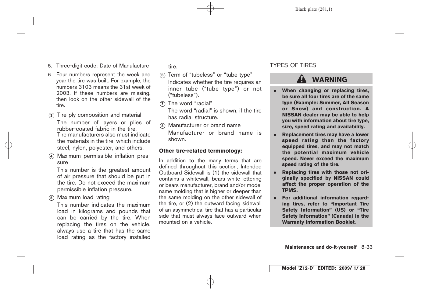 Types of tires -33, Warning | NISSAN Z12-D User Manual | Page 283 / 321
