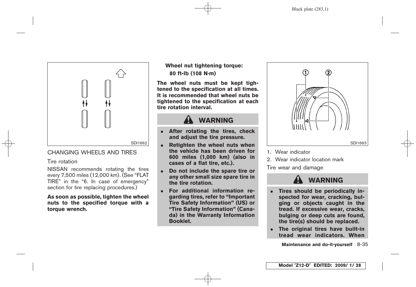 Changing wheels and tires -35, Warning | NISSAN Z12-D User Manual | Page 285 / 321
