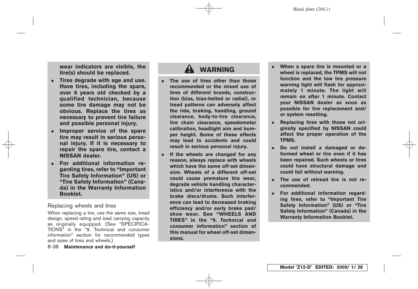 Warning | NISSAN Z12-D User Manual | Page 286 / 321